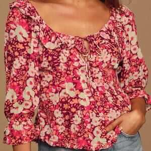 Free People Sweet Memories Pink Multi Floral Print Ruffled Puff Sleeve Top Small